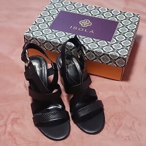 Isola Falmouth Black Leather Strappy Chunky 3.5"Heel Sandals - Size 8.5